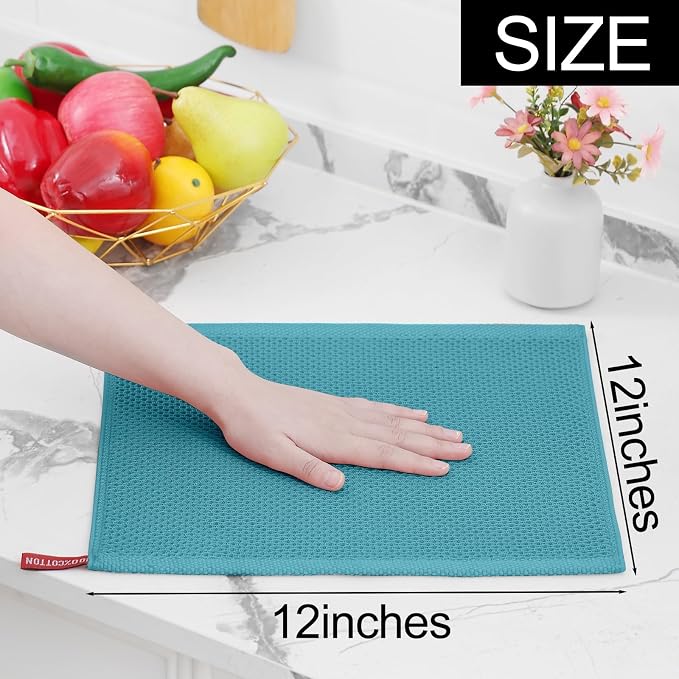 Homaxy 100% Cotton Waffle Weave Kitchen Dish Cloths 18-Pack, Lake Blue | 12 x 12 Inches, Ultra Soft Absorbent Dish Towels, Quick Drying Dish Rags with Hanging Loop