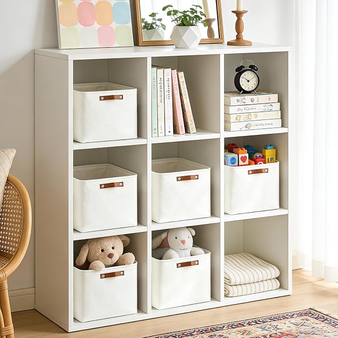 Collapsible Fabric Storage Cubes 11x11 Cube Storage Bins, 4 Pack Closet Baskets Box with Handles for Organizing, Shelf, Toys, Clothes, Home, Office, Nursery (White)