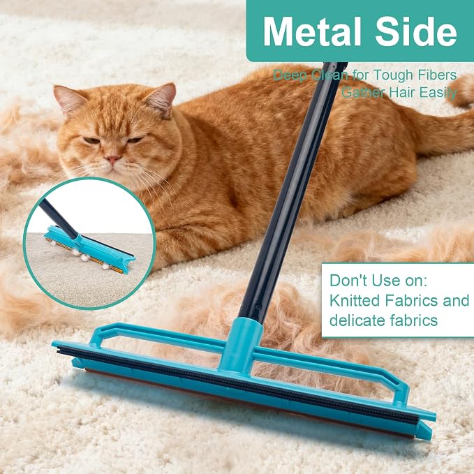 Carpet Rake Pet Hair Removal Tool with 56" Long Handle | Reusable Pet Hair Remover Broom, Cat & Dog Hair Carpet Scraper for Rugs Mats Couch