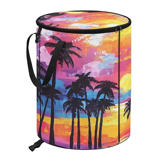 BIGCARJOB Hawaii Palm Collapsible Trash Can Portable Tall Trash Can Oval Recycling Bin 22.83x17.71 Outside Garbage Bin Storage Bag with Clip and Zipper Lid