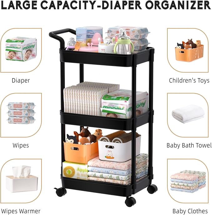 Volnamal Diaper Caddy, 3 Tier Rolling Cart for Baby Essentials, Black | Movable & Easy Assemble Cart for Newborn Nursery Essentials, Diaper Storage Organizer for Changing Table&Crib, Baby Registry