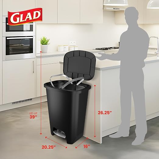 Glad Premium Trash Can with Clorox Odor Protection, 20 Gallon, Black | Plastic Kitchen Waste Bin | Hands Free with Stainless Steel Foot Pedal and Garbage Bag Rings
