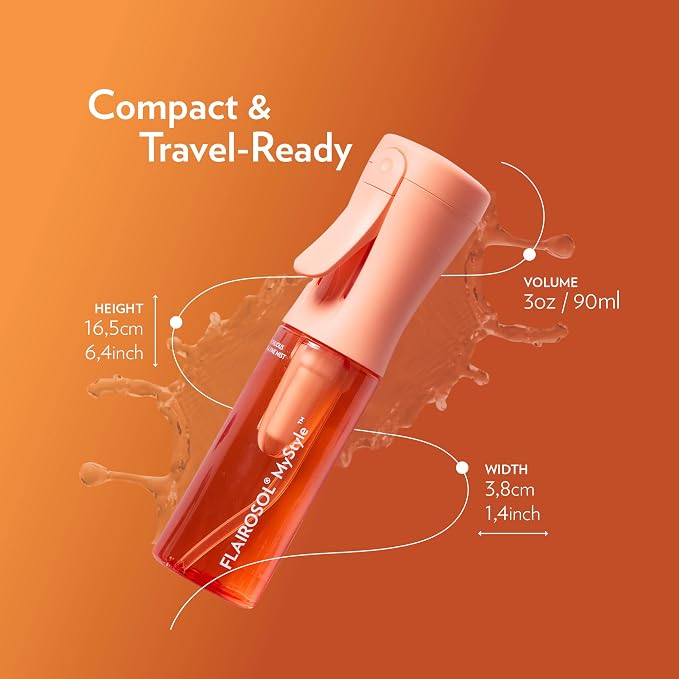 FLAIROSOL MyStyle Travel Continuous Spray Bottle, 3.04oz/90ml, Peach | Portion control mist for air fryer, salad, BBQ, refillable & reusable, fine mist olive oil kitchen sprayer, anti-drip