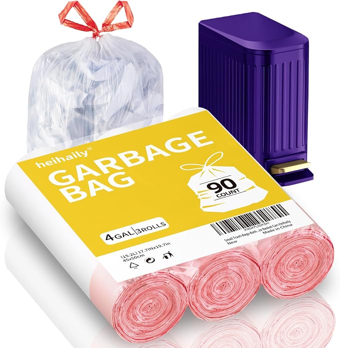 Small Trash-Bags-Bathroom 4 Gallon Drawstring Garbage-Bag - Kitchen Bedroom Car Size Unscented Clear White 90 Count Recycle Plastic Tall Liners for Office Outdoor Garden Waste Basket Can Heihaily
