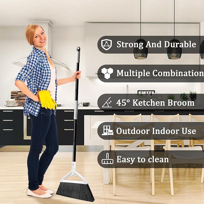 Heavy Duty White Angle Broom with Long Handle - 4 Pack | Versatile Indoor/Outdoor Sweeping, for Courtyard/Garage/Sidewalk/Kitchen/Lobby/Canteen, Durable & Efficient