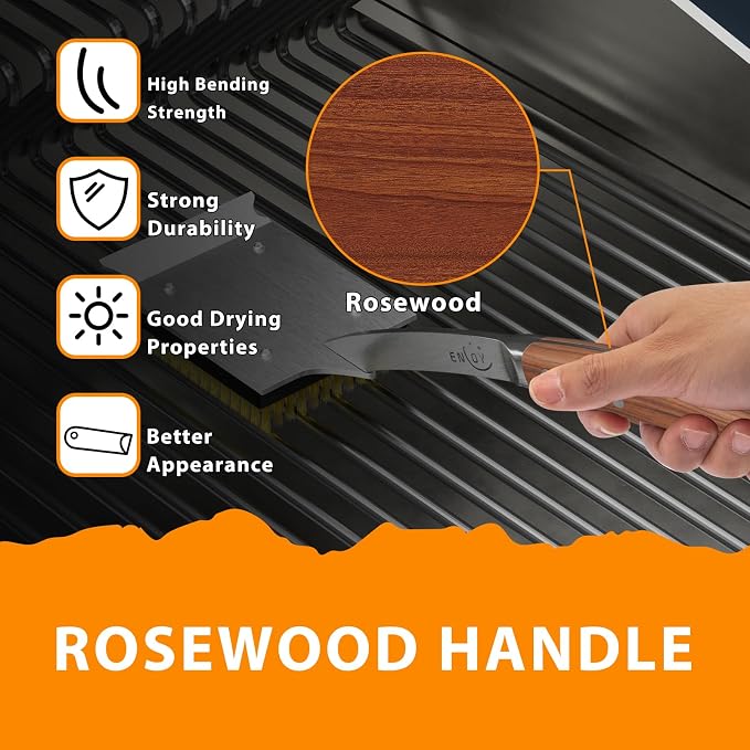ENLOY 17" Grill Brush & Scraper for Barbecue, Grill Brush for Outdoor Grill | Extended Rosewood Handle and 2 Replaceable Copper Wire Brush Heads, Grill Cleaning Brush Grill Accessories for Most Grill