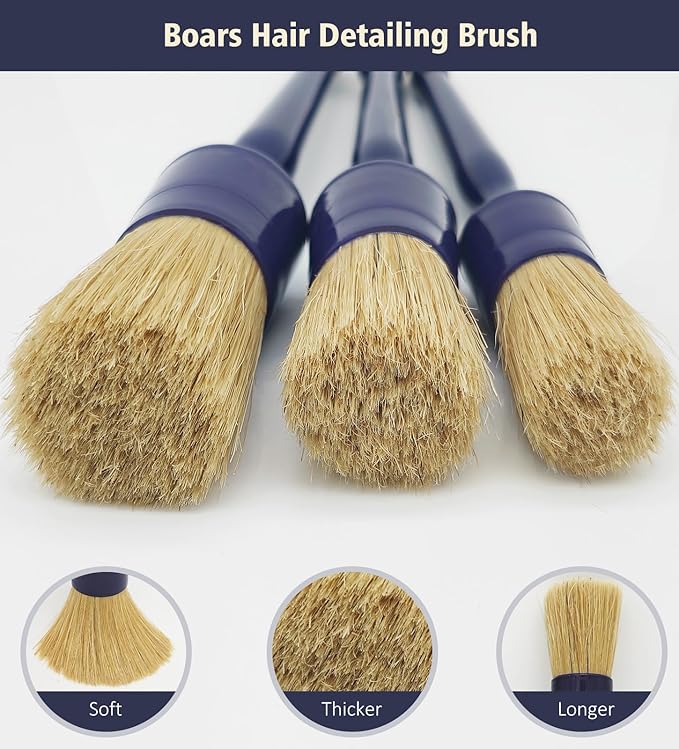 YeewayVeh 3PCS Car Detailing Brush Set, Boars Hair Bristles Brushes, Indigo | 3 Sizes Detail Brushes for Dashboard, Air Vents, Leather Seat & Dusting, Interior/Exterior Car Detailing