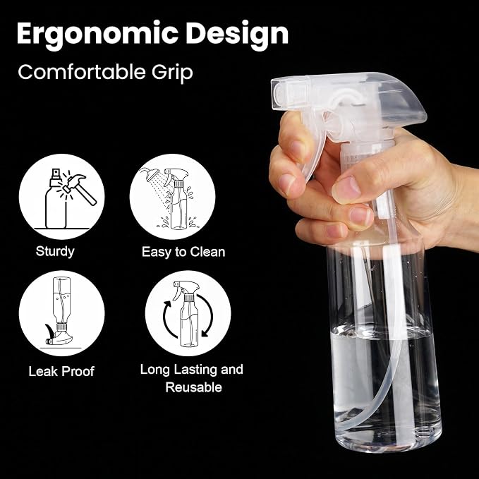 2 Pack 360° Reverse Plastic Spray Bottles 10oz Empty Spray Bottle | Adjustable Nozzle, 310ml Fine Mist Spray Bottle for Hair, Cleaning Solutions, Cooking, Plant, Essential Oils, Clear