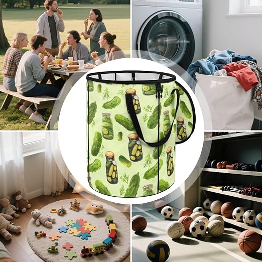 BIGCARJOB Pickled Cucumber Portable Trash Can Large Folding Big Trash Can with Lid Storage Bag Pop Up Trash Cans for Parties, 22.83x17.71 in