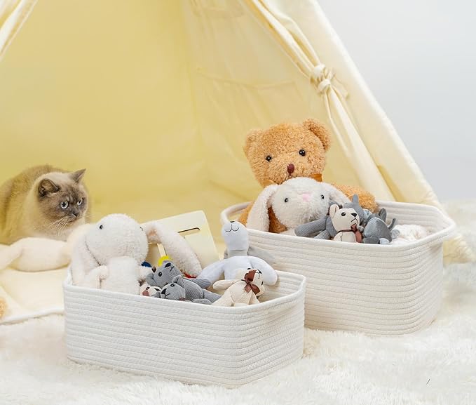 CubesLand Cute and Durable Small Cotton Rope Basket for Organizing | Woven Closet Storage Bin,Shelves Closet Storage Basket, Bathroom Storage Organizer Bin, Nursery Toy Basket Bin, White Basket