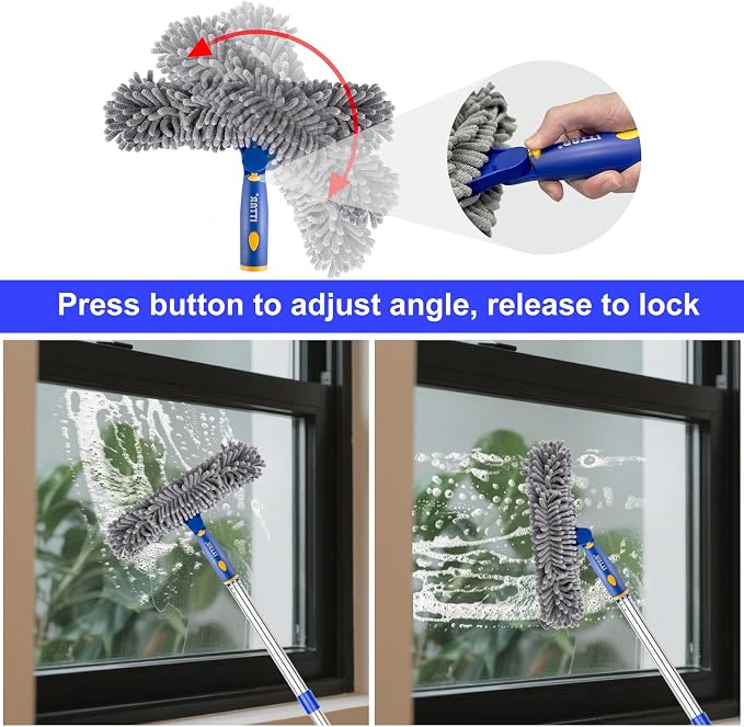 Window Squeegee with 75" Extension Pole, ITTAR Rubber Water Wiper for Glass | Durable Stainless Steel Rod, Rotatable Head for Window Edge, Chenille & Microfiber Pad, Squeegee for Variety Cleaning Needs
