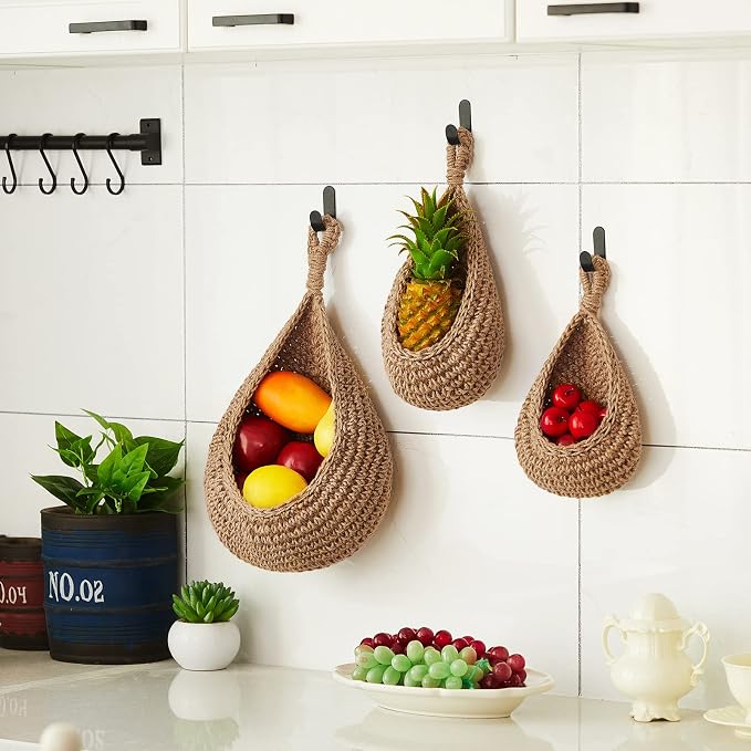 3 Hanging Baskets,Linen,Teardrop,Jute | Wicker Wall Baskets with Hooks for Fruit Vegetable Onion Storage, Teardrop Organizer for Kitchen, Boho Farmhouse Decor