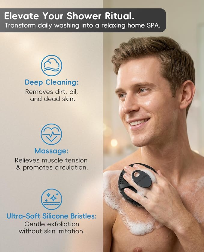 Soft Silicone Shower Brush Body Wash Bath Exfoliating Skin Massage Scrubber | 4 Pack Dry Skin Brushing Glove Loofah, Fit for Sensitive and All Kinds of Skin(2 Pack Sky Blue+2 Pack Black)