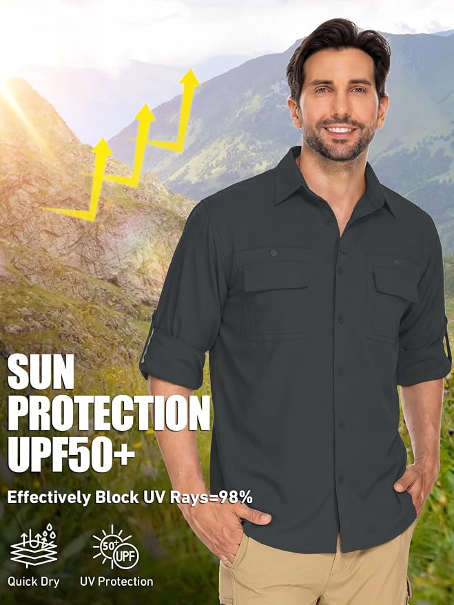 linlon Men's Safari Shirt UV Sun Protection Long Sleeve Hiking Travel | Button Down Mesh Back Vents UPF 50+ Quick Dry Breathable Cool Lightweight Outdoor Travel Fishing Gardening Clothes