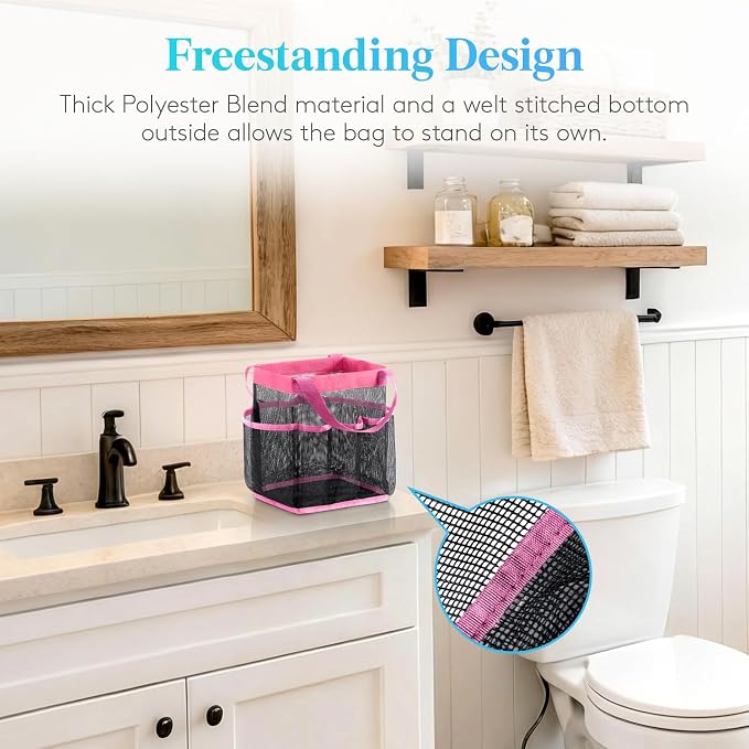 Lifewit Mesh Shower Caddy Portable for College Dorm Room Essentials with 7 Pockets, Freestanding Hanging Organizer Basket, Quick Dry Tote Bag for Camping, Bathroom, Beach, Travel, 1 Pack, Pink | 2 Handles, Freestanding, Quick Dry Tote Bag, 7 Pockets, f...