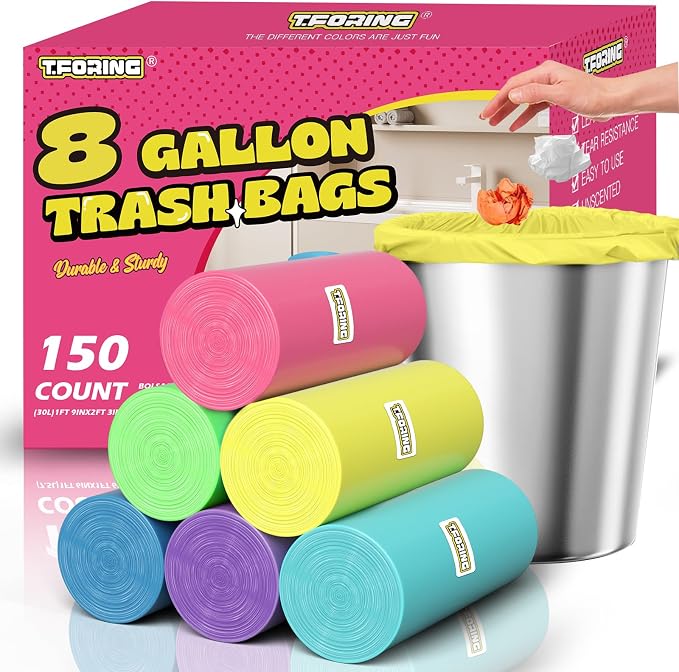 Medium 8 Gallon Trash Bags Unscented, 0.94 Mil, Colored, 150 Count | 30 Liter Garbage Bag, Plastic Waste Basket Can Liners, Thick, Leakproof, Tear Resistant, for Bathroom Office Kitchen Bulk