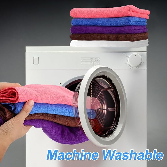 HARFINGTON 4 Pack Microfiber Cleaning Cloth, 12" x 12" Multi-Functional Cleaning Towels Reusable Absorbent Rags with Hook for Car Wash Kitchen Household Window Clean, Purple