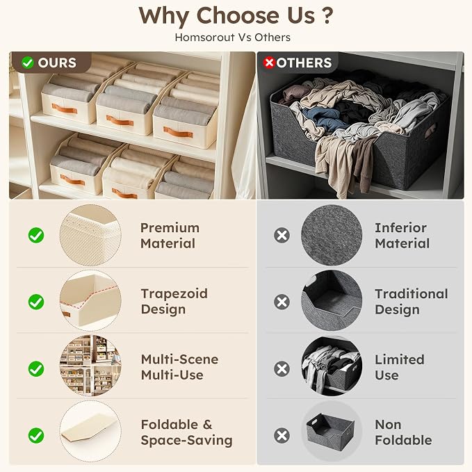 Homsorout Fabric Storage Bins for Organizing - 4 Pack Large Trapezoid Collapsible Storage Bins with Front Handle, Closet Organizers and Storage for Bedroom, Home Shelves, Small Spaces, Beige
