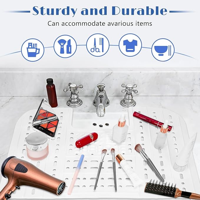 Bathroom Sink Cover for Counter Space, Heat-Resistant Silicone Sink Cover for Makeup Foldable Makeup Mat with Hanging Loop, Space Saver Sink Organizer Mat for Bathroom, 22 * 17" White