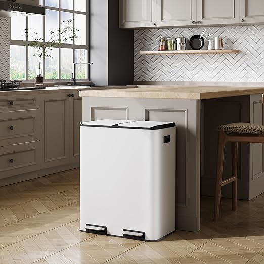 WLIVE 2 x 8 Gallon Stainless Steel Dual Trash Can, Double Trash Can Kitchen with Soft-Close Lid, Trash and Recycle Bin Combo, Kitchen Garbage Can with Deodorizing Filter Box and Inner Buckets, White
