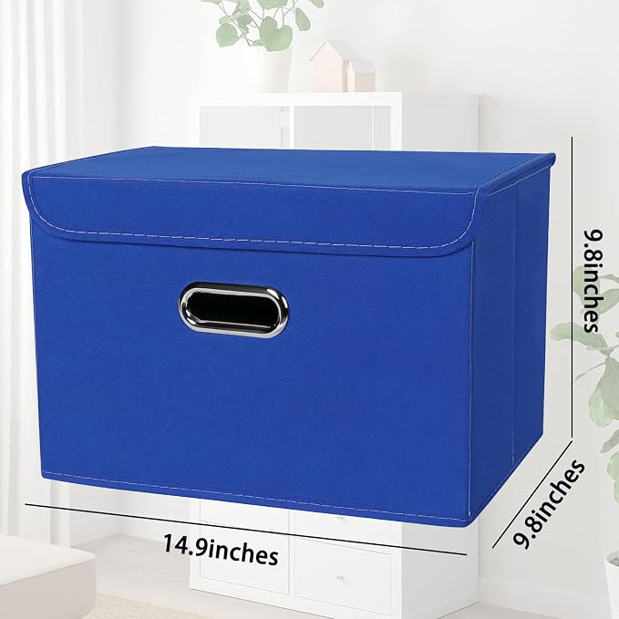 STOREONE Fabric Storage Cube Bins Foldable Organizer Container Collapsible Basket with Lids and Metal Handles, for Home, Bedroom, Closet 8 Pcs (Dark Blue)