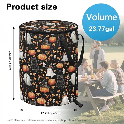 doginthehole Halloween Spooky Ghost Trash Can Outdoor Event Cute Black Cats Pumpkin Large Collapsible Trash Can with Lid Storage Bag Pop Up Trash Cans for Party Supplies, Halloween Decorations