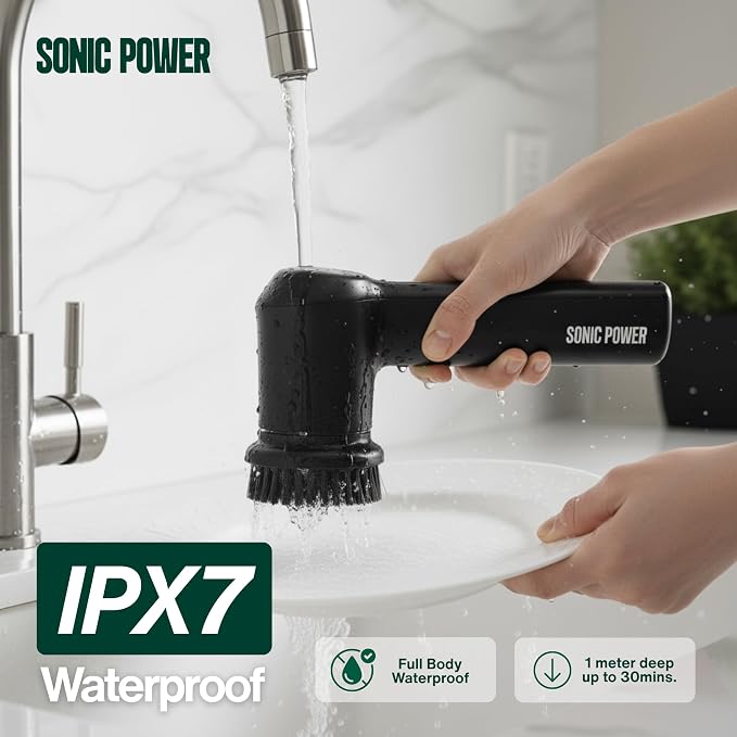 SonicPower Electric Spin Scrubber – Handheld & Ergonomic, IPX7 Waterproof, 4 Multi-Purpose Brush Heads, Long-Lasting Rechargeable Battery – Cleans Dishes, Bathroom, Tile, Grout & Kitchen (Black) | Handheld & Ergonomic, IPX7 Waterproof, 4 Multi-Purpose ...