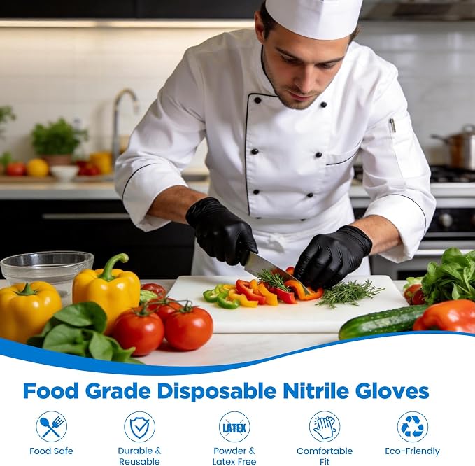 5 Mil Disposable Nitrile Gloves Medium, 100Pcs + 5 Pairs | Food Grade, Latex Free, for Food Prep, Cutting Chicken/ Hot Peppers/ Seasonings, Cleaning Bathroom, Planting Flowers
