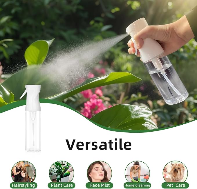 2-Pack Continuous Fine Mist Spray Bottle for Hair - Patented Ultra-Fine Mist for Hairstyling, Cleaning, Plants, and More - BPA-Free, Leak-Proof, 360° Spray, Durable - White (300 ml/10.1oz)