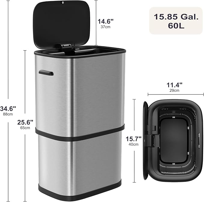 Furnify 16 Gallon / 60L Kitchen Trash Can, Motion Sensor Trash Bin with Lid | Large Capacity Touchless Garbage Waste Bin, Waterproof Brushed Trash Bin, Trash Can for Kitchen Bedroom Bathroom