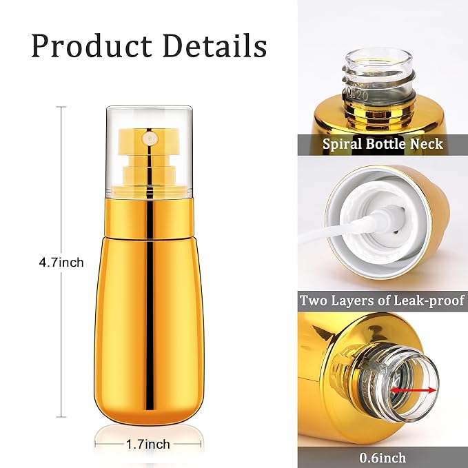 Travel Spray Bottle 3 Pack 2oz 60ml Fine Mist Spray Bottles | TSA Approved, Leak Proof, Empty Plastic Refillable, For Hair Perfume Toners Rose Water Cosmetics, Gold+Green+Clear