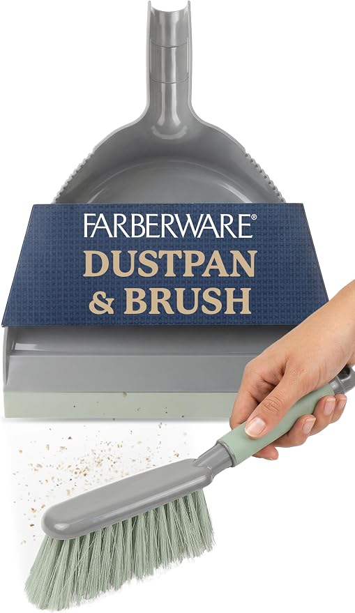 Farberware Dust Pan and Brush Set, 2-Piece, Handheld | Rubber lip traps debris, soft grip handle, flexible bristles, compact, lightweight, for kitchen crumbs and cat litter