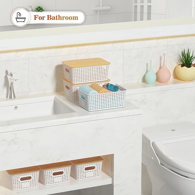 Ohmlove 6 Pack Plastic Storage Baskets with Bamboo Lids for Organization | Stackable Storage bins, Storages Baskets for Organizing Shelves Drawers Desktop Closet Playroom Classroom Office, Cream White
