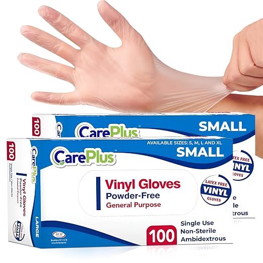 CARE PLUS Clear Vinyl Gloves Small, Latex Free Multipurpose, 200 Count | Powder free disposable protection for food prep, salons & housekeeping; ambidextrous, tear resistant, comfortable snug fit
