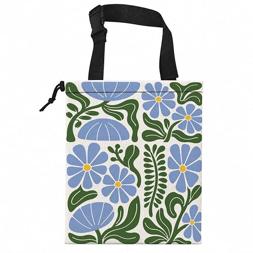 Boho Abstract Flower Car Garbage Bag Canvas Trash Can | Rustic Blue Floral Drawstring Car Trash Bag Hanging for Back Seat with Adjustable Buckle