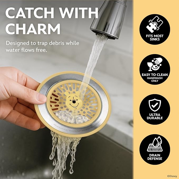 Disney Winnie the Pooh Sink Drain Strainer, Dish Sponge & Silicone Tray Set | 3-piece set with a strainer to prevent clogs, a tray to keep things organized, and a scrubber for dishes and counters