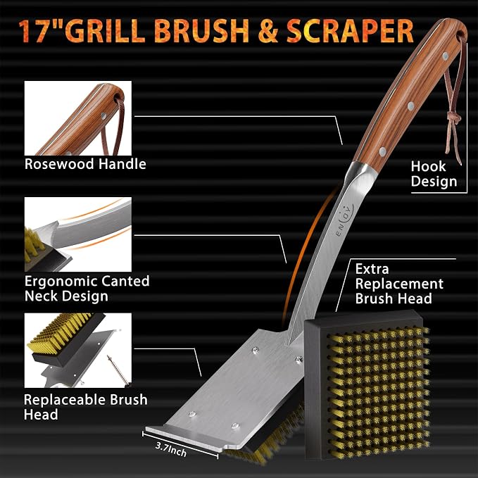 ENLOY 17" Grill Brush & Scraper for Barbecue, Grill Brush for Outdoor Grill | Extended Rosewood Handle and 2 Replaceable Copper Wire Brush Heads, Grill Cleaning Brush Grill Accessories for Most Grill