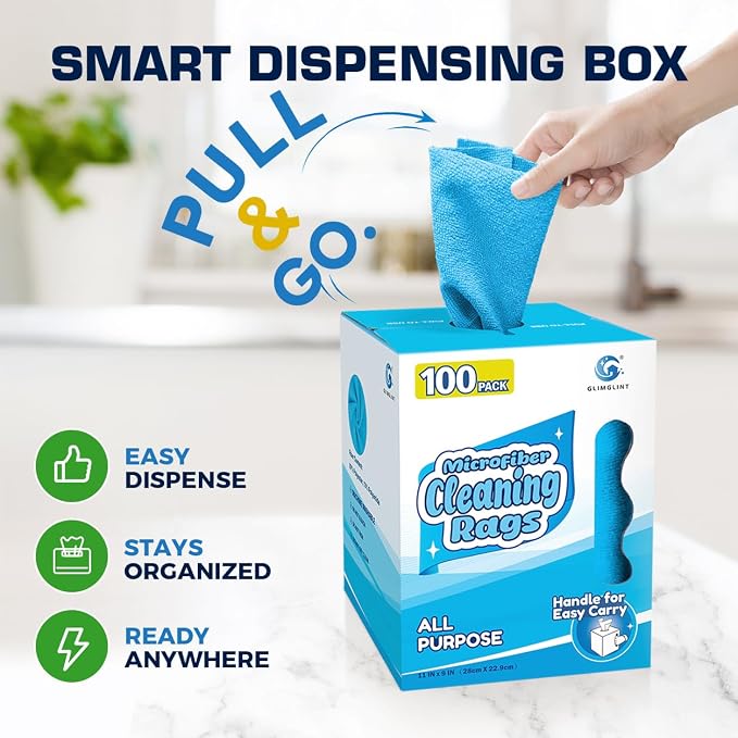 GLIMGLINT Reusable Shop Towels, 100 Pack Microfiber Cleaning Cloth, 11 x9 | Lint Free & Ultra Absorbent Cleaning Rags for Auto Repair, Detailing, Restaurants & Factories, Washable Shop Rag, Blue