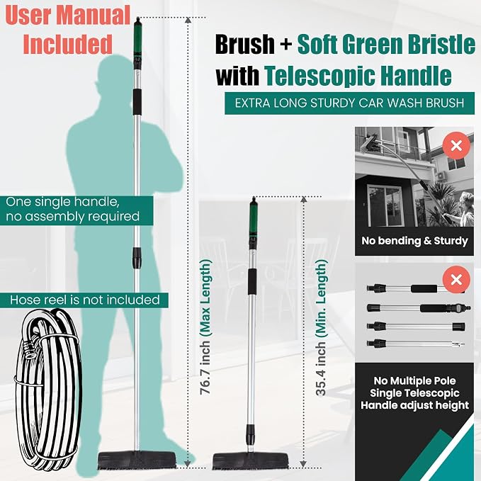 76.7" Sturdy Handle Water Push Floor Broom Green Bristles Cleaning Path 12.2" for Soft Cleaning Car Wash Boat and Solar Panel Black for Hard Floor Clean