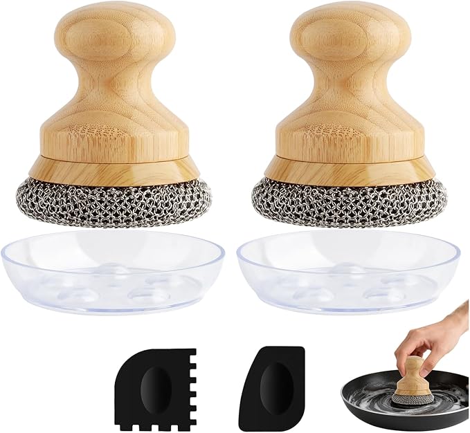 Scrubber for Cast Iron Pan, Pot Cleaner with 2 Scrapers,Chain Mail Cleaning Brush for Dishes, Pots, Pans, Griddles, Grills(Small Chain Mail,2pcs)