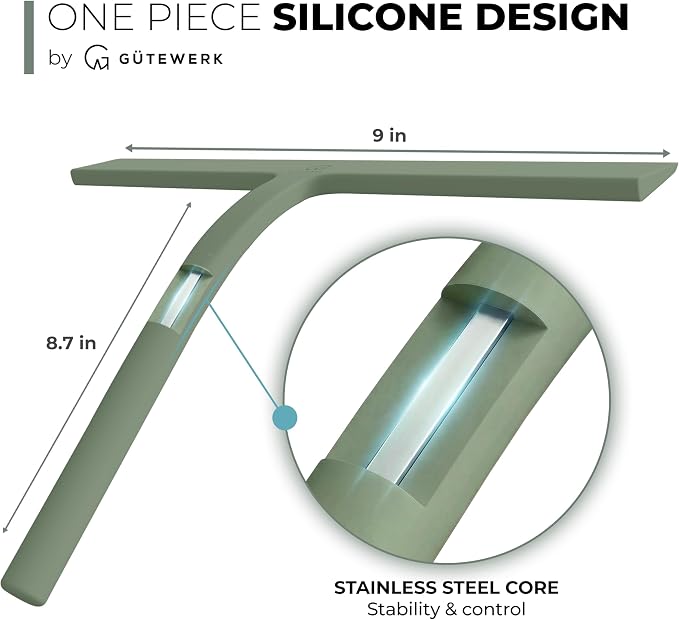 Silicone Shower Squeegee with 3-in-1 No-Drill Mount, Green, 9'' | Squeegee for Glass Doors & Mirrors with Stainless Steel Core, Streak-Free & No-Squeak Window Cleaning, Hook/Suction/Adhesive