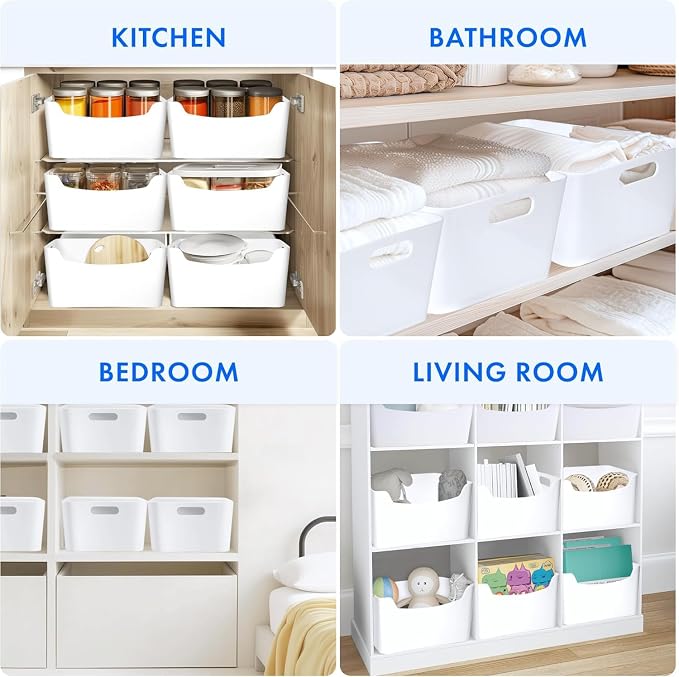 Ytteve 6-Pack Mixed Size White Plastic Storage Bins – Includes 2 Large (13"x9.5"x5.7") & 4 Medium (9.5"x6.7"x4.1") – Versatile Shelf Organizers for Kitchen Pantry, Closet, Bathroom, Office & Cabinet