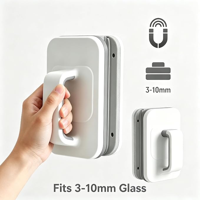 Magnetic Window Cleaner - Double Sided Magnetic Window Washer with Large Grip & Safety Rope - Strong Magnet Glass Cleaner for 3-10mm Windows - Household Cleaning Tool