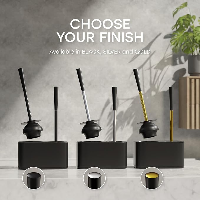 2-in-1 Toilet Plunger and Bowl Brush Set for Bathroom – Black | Freestanding toilet bowl brush and plunger set with a plastic caddy & sturdy steel handles in matte black