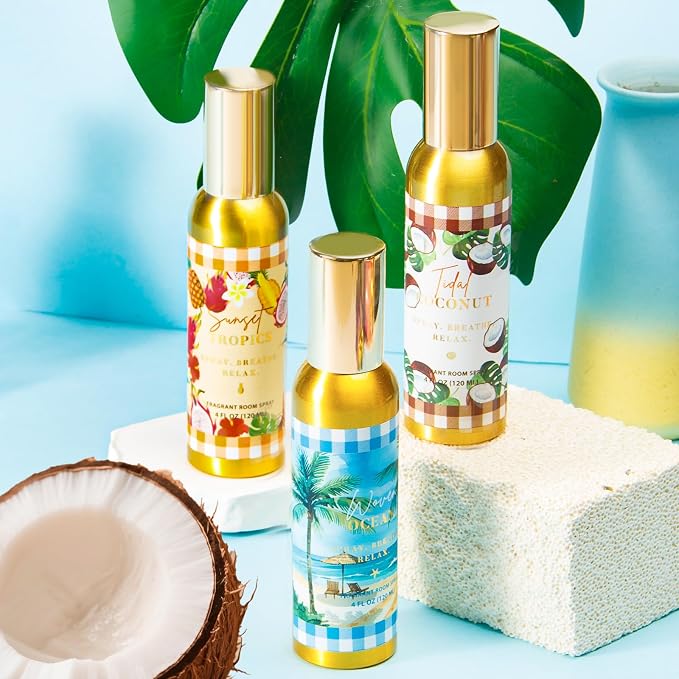 Room Spray, Tidal Coconut, Woven Ocean, Sunset Tropics, Each 4 fl oz | Air Freshener for Home, Long-Lasting Odor Eliminator for Bathroom and Office, 3 Pack
