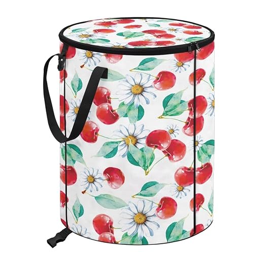 BIGCARJOB Daisy Cherry Foldable Trash Can Outside Waste Basket Bin Water Resistant Garbage Bag Recycling Bin Trash Can with Lid and Clip(23 Gallons), 22.83x17.71 in