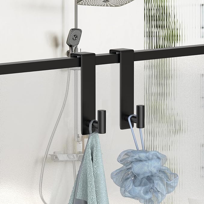 PMMASTO 7.5 Inch Over The Door Hooks, Black- 2 Pack, T Shape | Stainless Steel Door Hooks Organize Coats Towels Robes in Bathrooms Bedrooms Closets