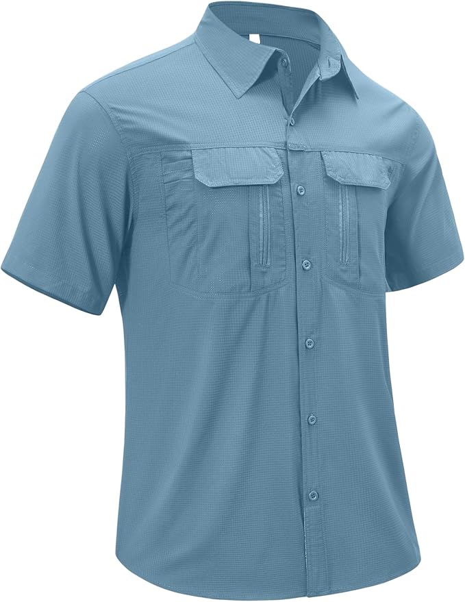 Mens Short Sleeve Fishing Shirt Sun Protection Quick Dry Lightweight | Breathable Fabric, Multi Pockets, for Fishing Safari Hiking Hunting Camping Outdoor Work Casual Wear