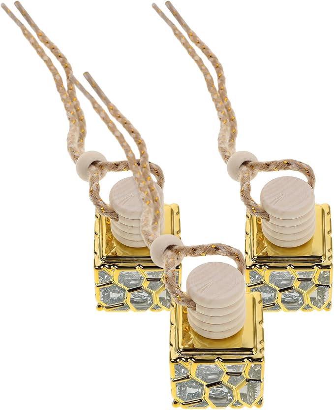 3pcs Ml Refillable Hanging Perfume Bottle with Compact Square Design, Made of Wood, Glass, and Aluminum Alloy, for DIY Perfume Creation and Travel, Elegant Golden Car Air Freshener