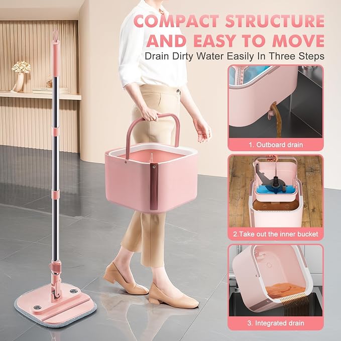 Spin Mop and Bucket System Kit, Self-Separating Cleaning Soil, Foldable Square Mop Bucket Head with Washable Interchangeable Mop Pads, Pink (Mop Set with 6PC Pads)